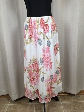 Floral Midi Skirt Cottagecore Pink White Petite 12P Elastic Waist